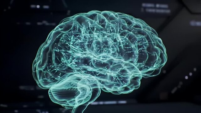 Abstract glowing transparent human brain animation with neural connections on dark background