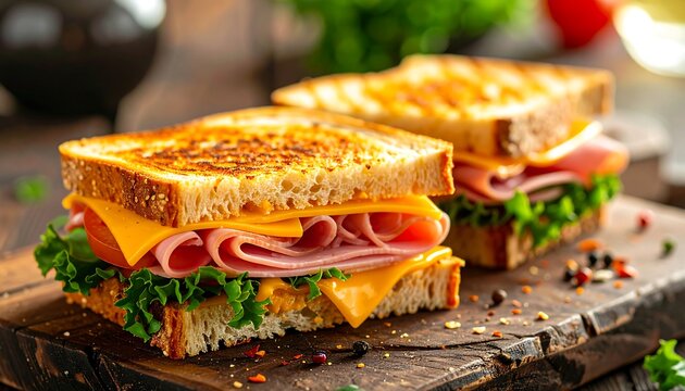 Two grilled ham and cheese sandwiches on a wooden board - Powered by Adobe