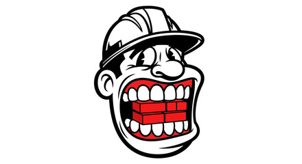 Cartoon Construction Worker with Bricks in Mouth
