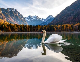 Serene swan glides on calm lake, reflecting majestic autumn mountains