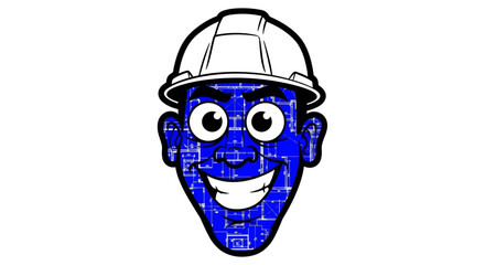 Cartoon Construction Worker Head with Blueprint Design