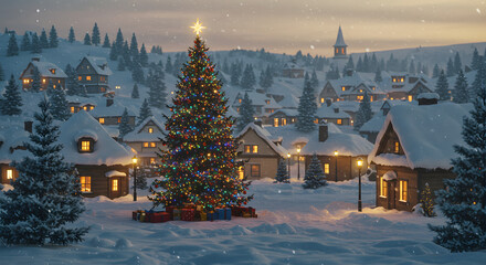 Fototapeta premium **Enchanting Snowy Christmas Village with Decorated Tree**
