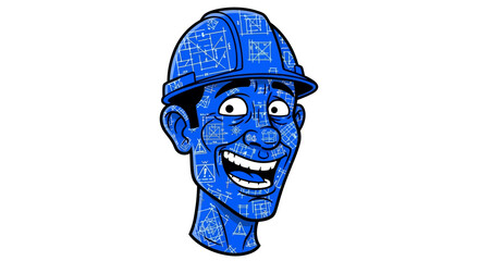 Joyful Cartoon Construction Worker with Blueprint Pattern