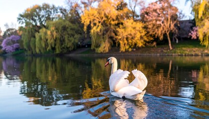 Serene swan glides on calm waters, reflecting trees in vibrant hues