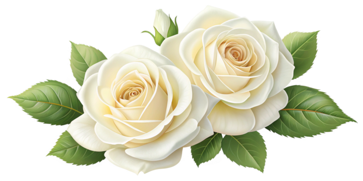 Realistic White Roses with Lush Green Leaves on Transparent Background
Elegant Creamy White Roses Digital Illustration Isolated on Transparent Background