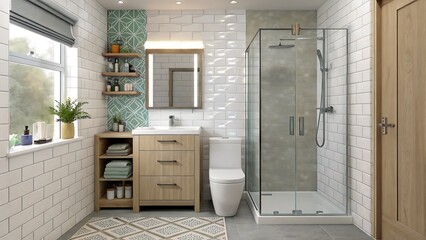Interior of a modern bathroom with shower and vanity and toilet