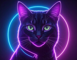A stylized portrait of a black cat, illuminated by vibrant neon circles