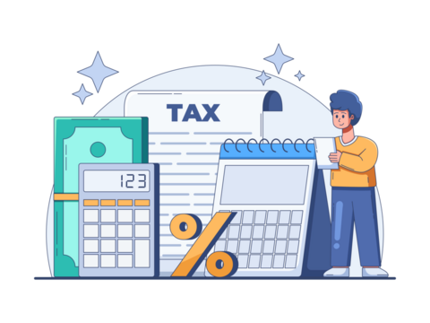Person Reviewing Tax Documents with Calculator and Cash Illustration in Blue, White and Yellow Colors