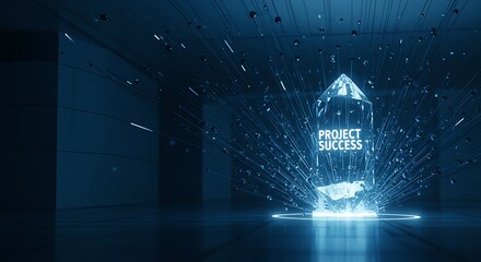 A glowing blue crystal obelisk with 'PROJECT SUCCESS' text, emitting light particles in a dark, futuristic digital environment, symbolizing achievement and innovation.