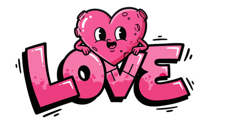 Cartoon Pink Heart Character on LOVE Graffiti, Valentine's Day Design