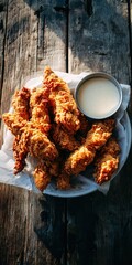 Delicious Crispy Fried Chicken Tenders with Dipping Sauce on Rustic Wooden Table