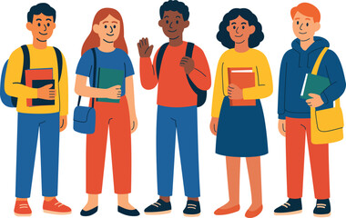 Diverse Group of Students with Backpacks and Books, School Education Concept