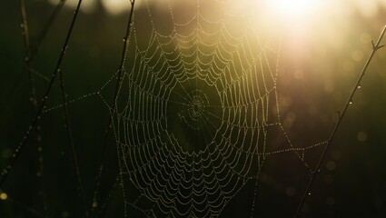 Glistening Dewdrops on a Spiderweb Illuminated by the Morning Su