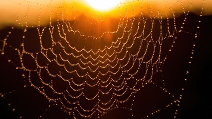 Glistening Dewdrops Adorn Spiderweb Against Golden Sunrise