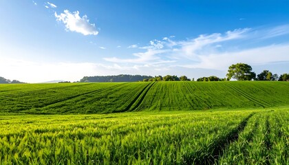 Fototapeta premium Panoramic view of a vibrant green field under a clear sky