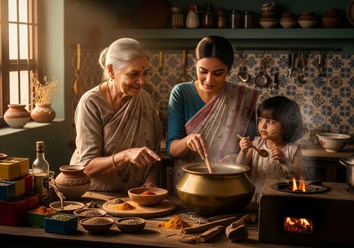 Three generations of women cooking together in a warm, inviting kitchen, stirring a pot, sharing a meal, and creating a loving family moment.