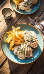 Delicious Grilled Chicken with Fries and Creamy Sauce on a Rustic Wooden Table