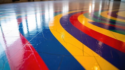 Glossy Multicolored Concentric Arcs on a Cracked Floor Surface