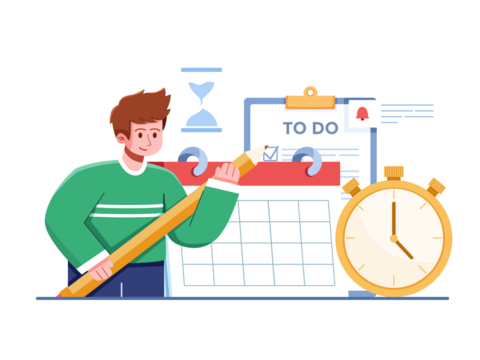 Person Planning Day with Calendar Pencil Hourglass and Stopwatch Illustration Featuring Teal Sweater, Transparent Background and Time Management Elements