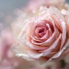 Ethereal Pink Rose with Sparkling Dewdrops and Dreamy Bokeh Background.