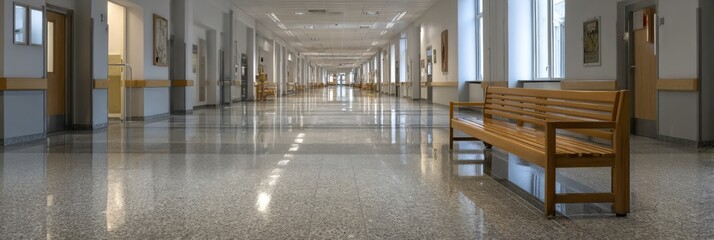 Long, Narrow Corridor With Smooth Flooring and Wooden Benches Under Bright Lighting in an Indoor Setting