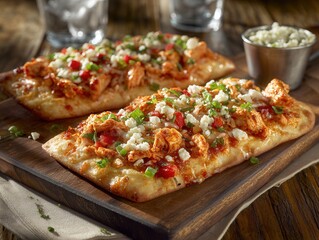 Delicious Flatbread Pizza with Chicken and Fresh Toppings on a Rustic Wooden Board