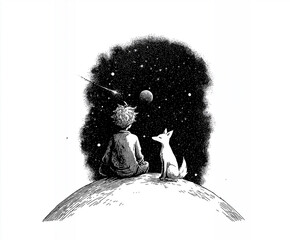 The Little Prince, Prince, Le Petit Prince, Saint-Exupéry, fox, rose, planet, fairy tale, fable, children, friendship, love, desert, illustration, scarf, cartoon, animal, vector, cute, fantasy, happy,