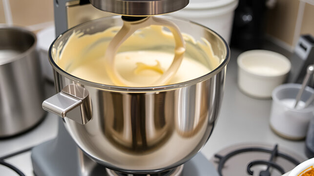 Mixing process of creamy batter in a food preparation machine at a kitchen