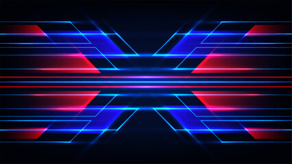 abstract futuristic background with intersecting blue and red neon light trails glowing on dark backdrop technology speed symmetry design digital concept modern motion pattern dynamic glow