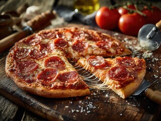 Delicious Pepperoni Pizza with Melted Cheese on Rustic Wooden Table