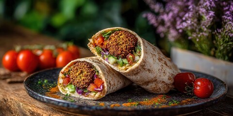 Delicious Falafel Wraps with Fresh Vegetables and Cherry Tomatoes on a Rustic Plate