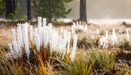 Fototapeta premium Frosty Plants in a Grassy Field Illuminated by the Morning Sun
