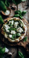 Delicious Homemade Pesto Pizza with Fresh Basil and Ricotta Cheese