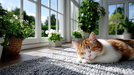 Sleeping Calico Cat on Gray Rug in Sunroom with Plants and Windows