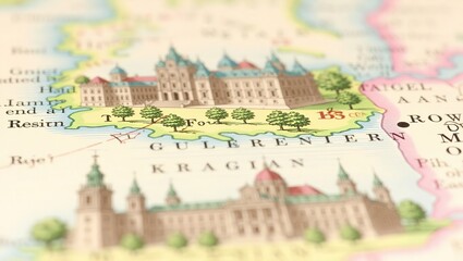 Naklejka premium Illustrated map featuring castles, trees, and place names like F