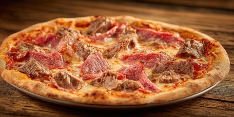 Delicious Meat Lover's Pizza with Juicy Toppings on a Rustic Wooden Table