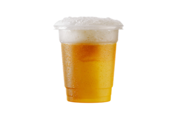 A plastic cup of beer with foam on top