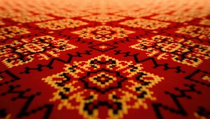 Intricate Red Carpet Pattern with Geometric Motifs and Blurred P