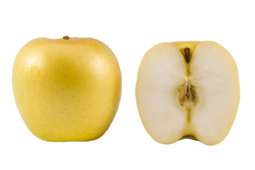 A yellow apple with a stem is shown on the left side of the image