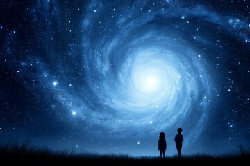 Fototapeta premium Silhouetted children gazing at spiral galaxy in night sky