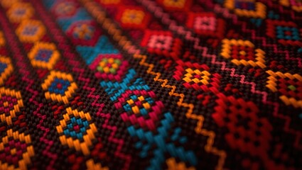 Intricate Woven Textile with Vibrant Geometric Patterns and Text