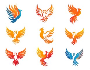 Collection of stylized phoenixes in various colors