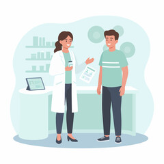 Fototapeta premium Female pharmacist providing consultation and prescription medication to a young male patient at the drugstore counter