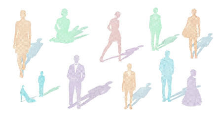 Diverse Group of Stylized Figures with Shadows on White Background