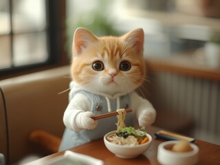 orange kitten eating noodles with chopsticks