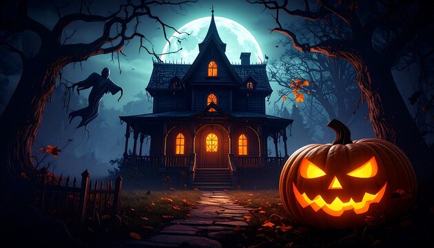 Spooky Halloween mansion at night - Powered by Adobe