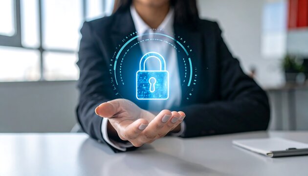 Professional woman holding holographic glowing lock icon representing digital security