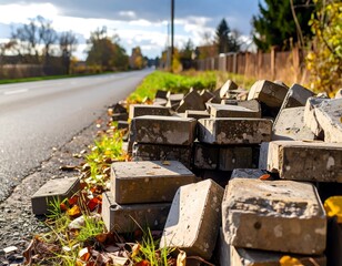 A pile of discarded grey paving stones sits beside a road, autumn leaves scattered nearby