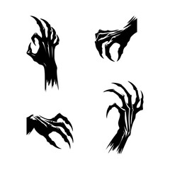 set of scary hand silhouette, creepy claw shape, sharp fingers, black vector illustration, isolated on white background, Halloween style, EPS format.