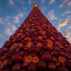 Massive Christmas tree, adorned with many red ornaments, glows under a partly cloudy sky